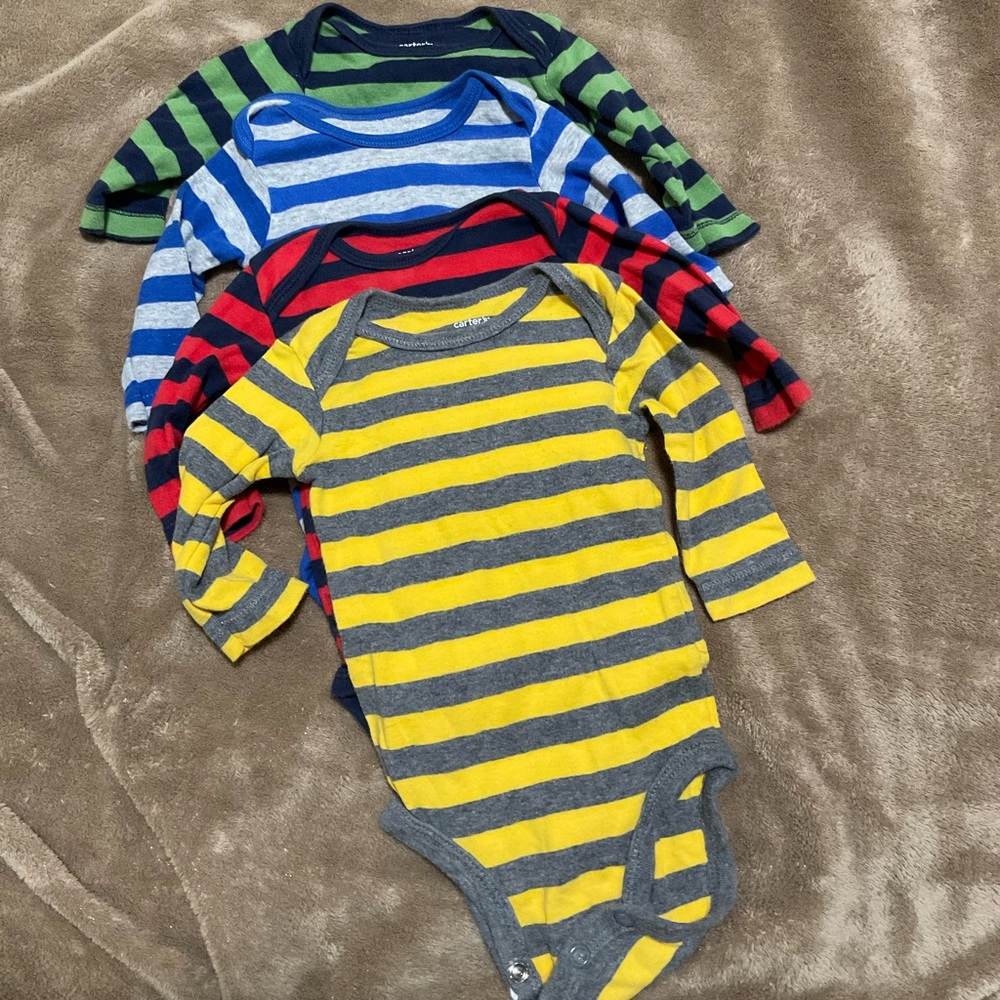 Carter's Gray Longsleeve Striped Bodysuits Set Of 4- Red, Blue, Yellow, Green